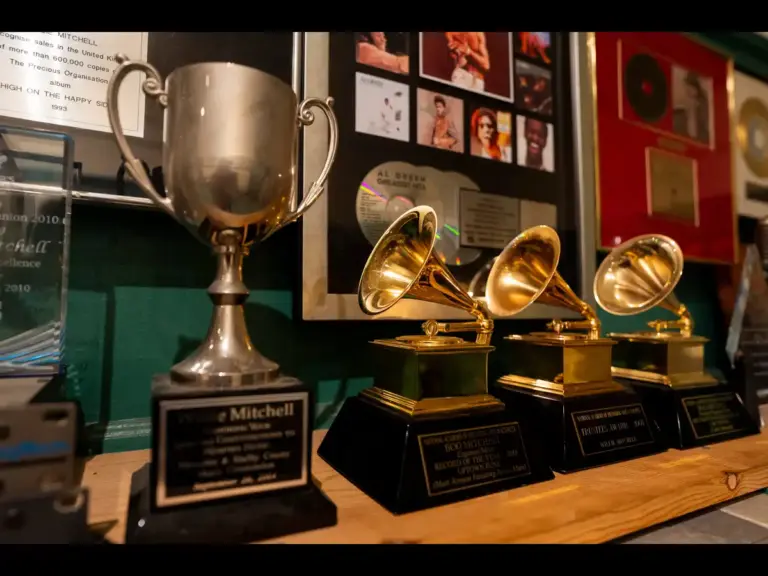 Grammys awarded to Royal Studios founder Willie Mitchell and his son Boo Mitchell are seen on display at the studio in South Memphis on January 6, 2026.