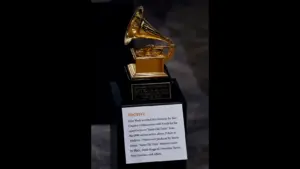 A Grammy award on display in the “Clint Black: The Hard Way On Purpose” exhibit at the Country Music Hall of Fame and Museum on Tuesday, April 21, 2026, in Nashville, Tenn. The museum is opening an exhibition dedicated to the life and career of Black, tracing his career from working-class musician to a country superstar.