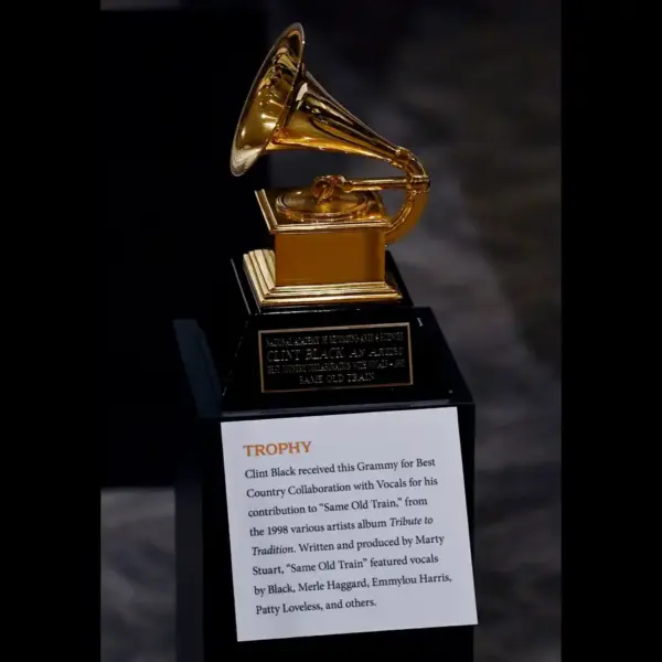 A Grammy award on display in the “Clint Black: The Hard Way On Purpose” exhibit at the Country Music Hall of Fame and Museum on Tuesday, April 21, 2026, in Nashville, Tenn. The museum is opening an exhibition dedicated to the life and career of Black, tracing his career from working-class musician to a country superstar.