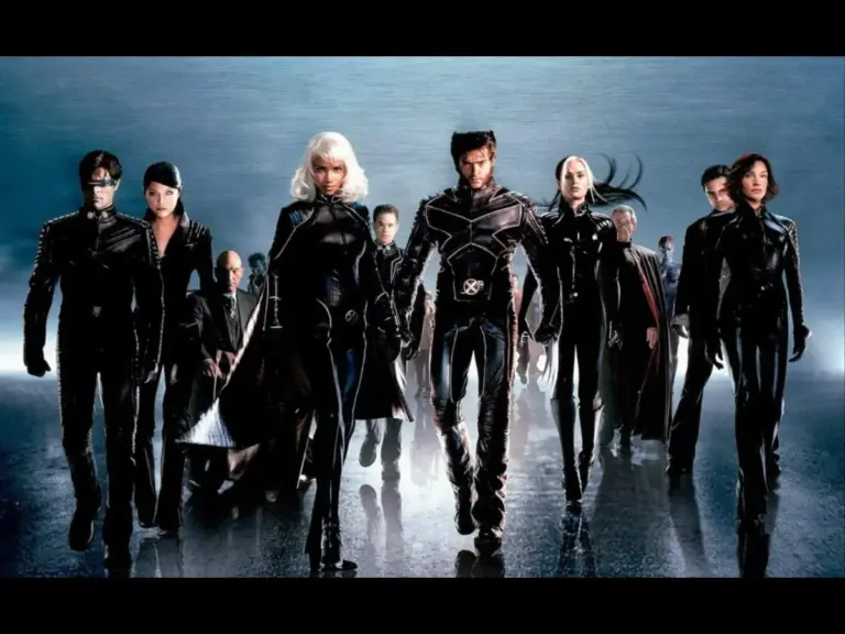 The X-Men in X2: X-Men United walk confidently forward against a blue backdrop. The tone is bold and powerful.