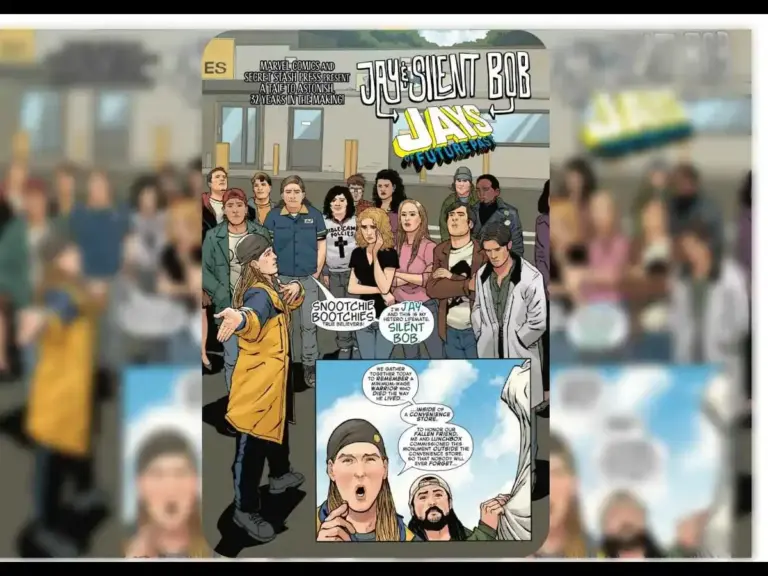 A comic cover featuring Jay and Silent Bob among a crowd of various characters, with a caption that reads "Jay's Columnist."