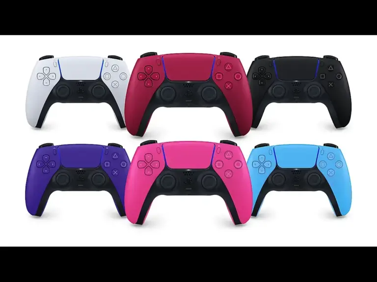 Different colored PlayStation controllers.