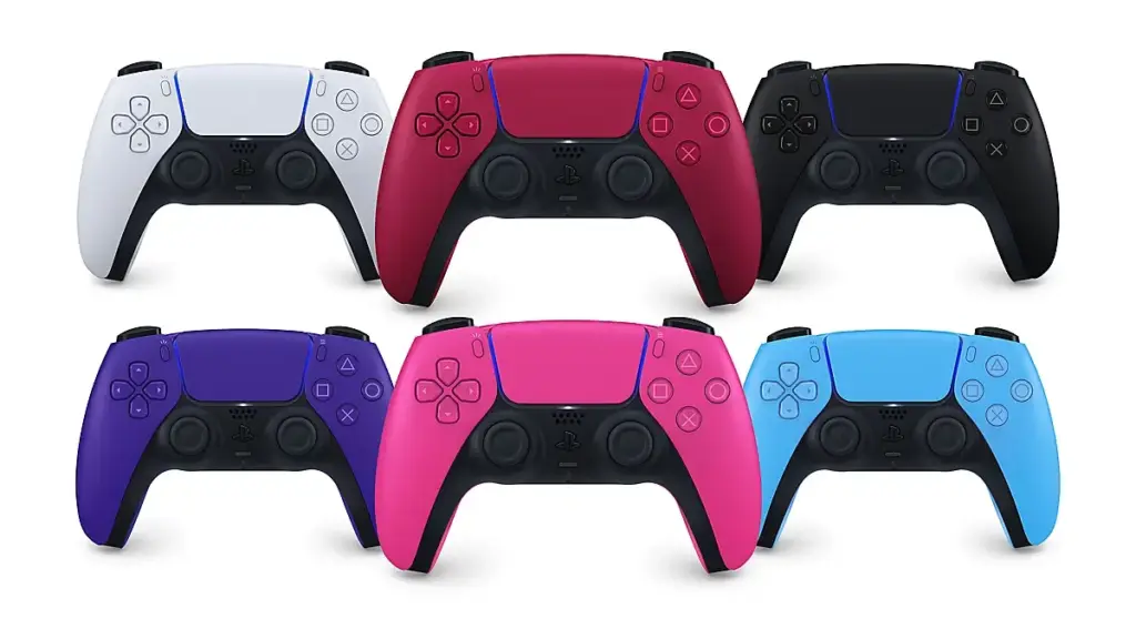 Different colored PlayStation controllers.