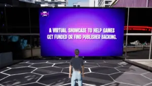 A screenshot from within Endix Indie Expo of a character looking at a purple screen that says "A virtual showcase to help games get funded or find publisher backing." with a hexagon-patterned flooring.