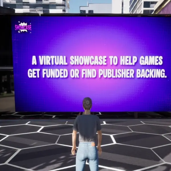 A screenshot from within Endix Indie Expo of a character looking at a purple screen that says "A virtual showcase to help games get funded or find publisher backing." with a hexagon-patterned flooring.