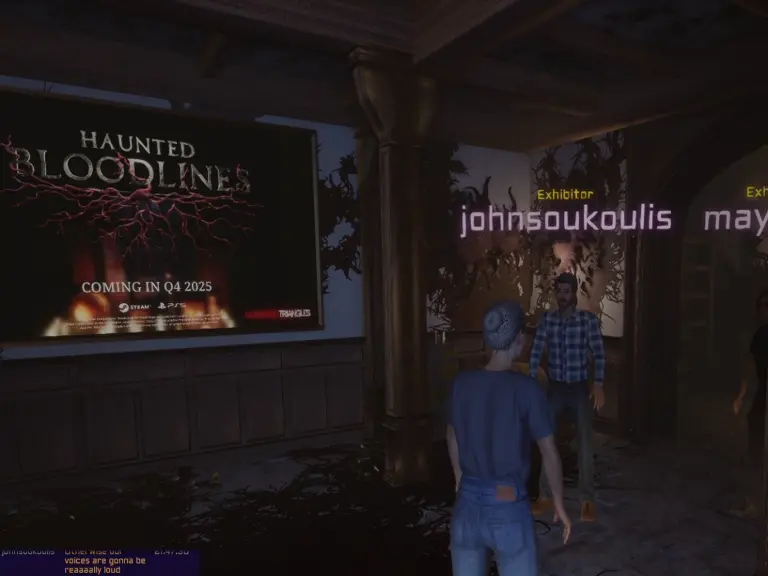 Endix Expo Haunted Bloodlines booth talking with the devs for their game in the dark Victorian era style room covered in splatters of blood with the games name on the showcase screen