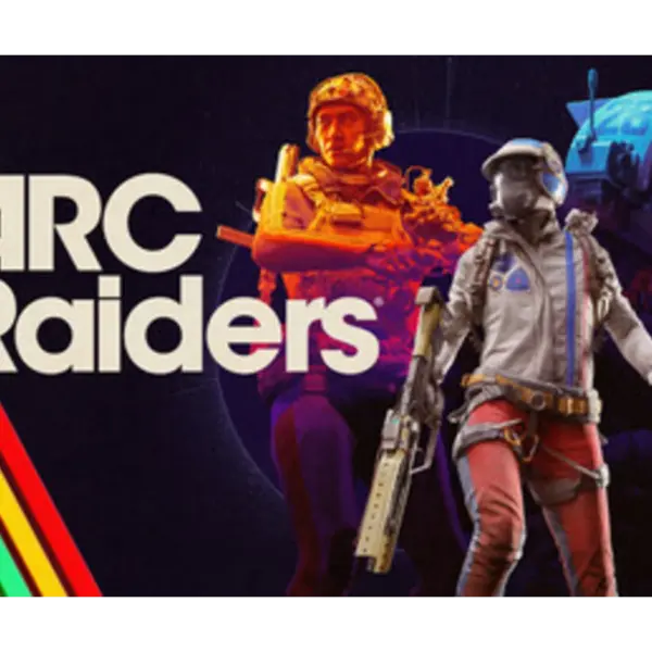Artwork of Arc Raiders; two characters near the title in white font.