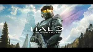 artwork for Halo Campaign Evolved. a character holding a gun behind the title "Halo Campaign Evolved."