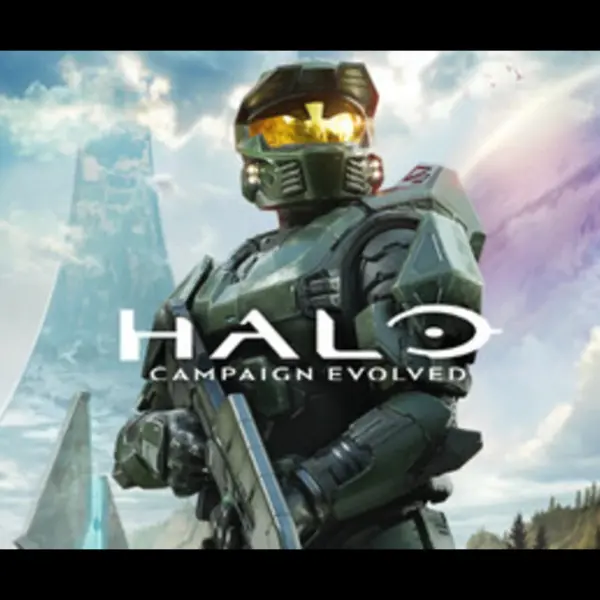 artwork for Halo Campaign Evolved. a character holding a gun behind the title "Halo Campaign Evolved."