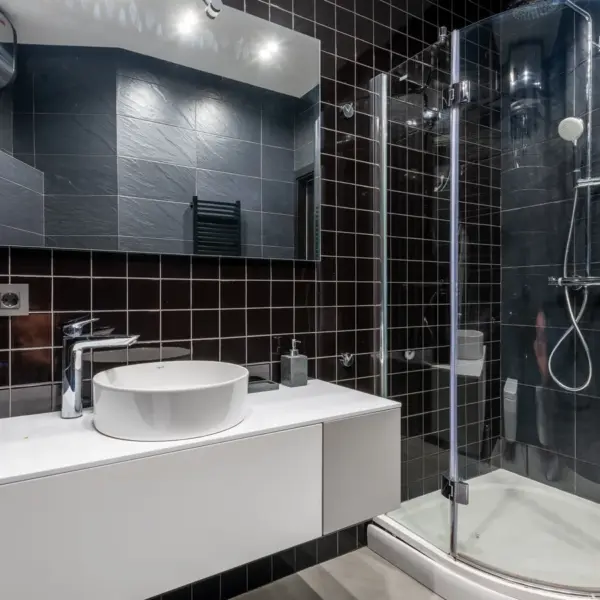 Bathroom tiles elevate this stylish bathroom with black tile walls, a glass shower, and sleek modern fixtures