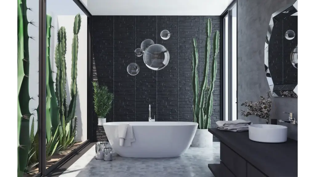 Elegant contemporary greenery bathroom featuring a bathtub, cactus plants, and bubble wall art