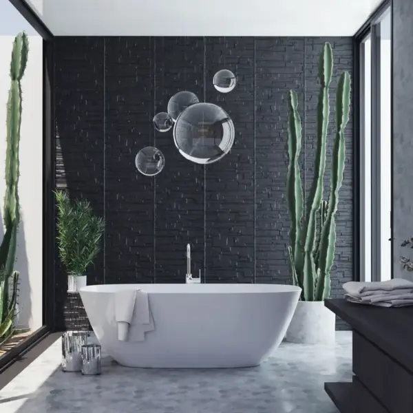 Elegant contemporary greenery bathroom featuring a bathtub, cactus plants, and bubble wall art