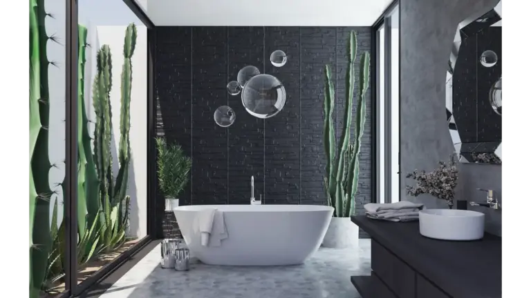 Elegant contemporary greenery bathroom featuring a bathtub, cactus plants, and bubble wall art
