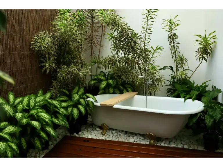 Greenery bathroom vibes come alive with a serene indoor bathtub surrounded by lush green plants for a calming, spa‑like atmosphere.
