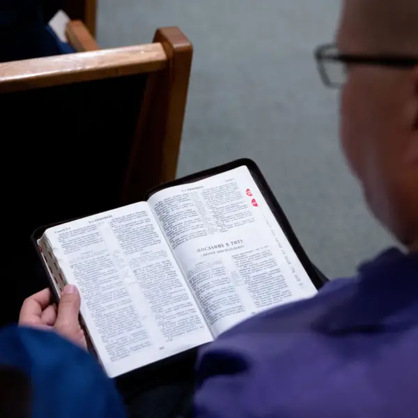 In daily devotional, a man is reading the Bible intently while sitting on a church pew.