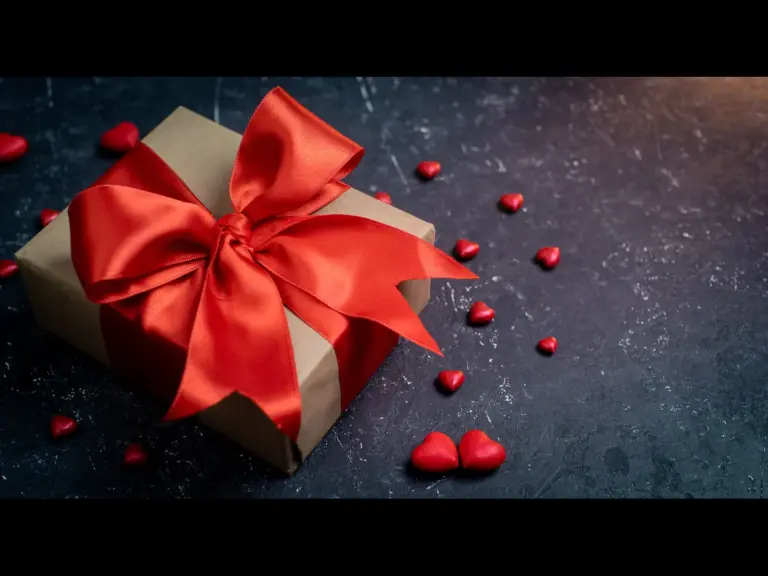 In daily devotional, a gift box with a red bow and hearts around signify love is a gift.