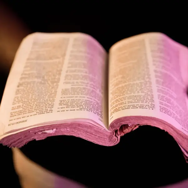 In daily devotional, a worn open Bible is seen held by someone.