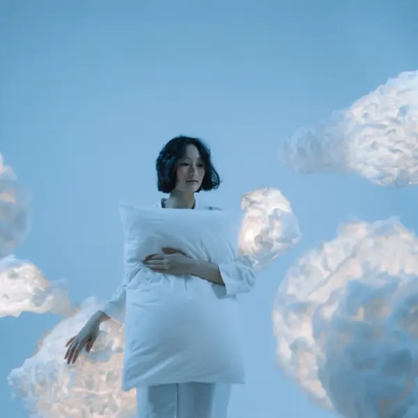 A serene portrait of a woman holding a pillow surrounded by soft clouds, creating a dreamy atmosphere inspired by falling dreams.