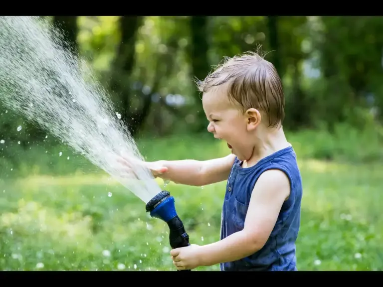 A joyful child in a blue shirt plays with a garden hose, spraying water with delight in a lush, green backyard. The scene conveys summer fun and excitement.