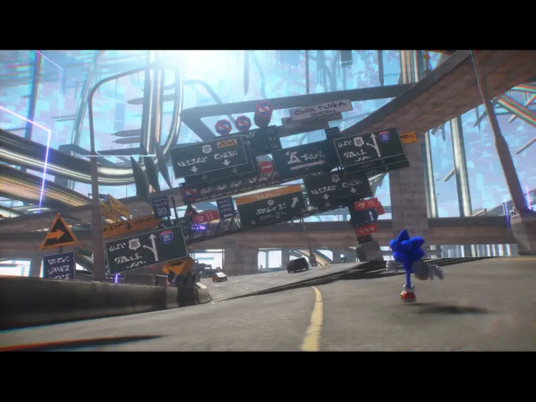 Sonic the Hedgehog running down a street. 
