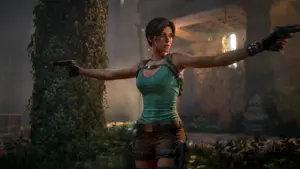 Lara Croft from Tomb Raider aiming her duel pistols.