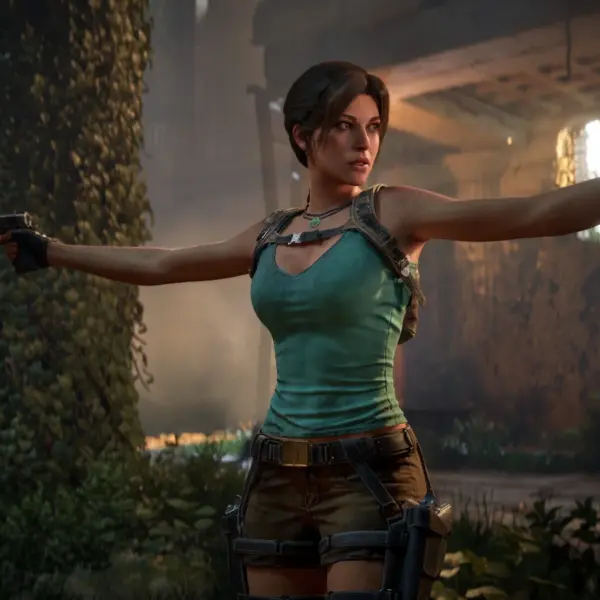 Lara Croft from Tomb Raider aiming her duel pistols.