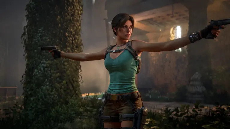 Lara Croft from Tomb Raider aiming her duel pistols.