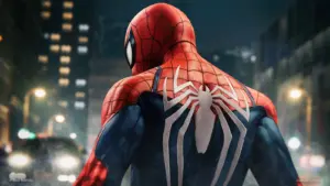 Spider-Man revealed facing away from camera, showing spider Logo on his back.