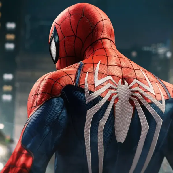 Spider-Man revealed facing away from camera, showing spider Logo on his back.