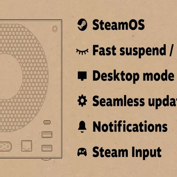 The back of a Steam Machine design on cardboard background. To the right, features listed: SteamOS, fast suspend/resume, desktop mode, seamless updates, notifications, Steam Input.