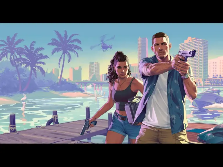 A man aiming a gun with a woman standing behind him in GTA 6.