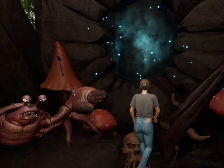Exploring Under A Rock Endix Booth, featuring my character, a rather enormous crab, strange large skull, an ethereal portal in the center of a large stone slab that looks pieced together.