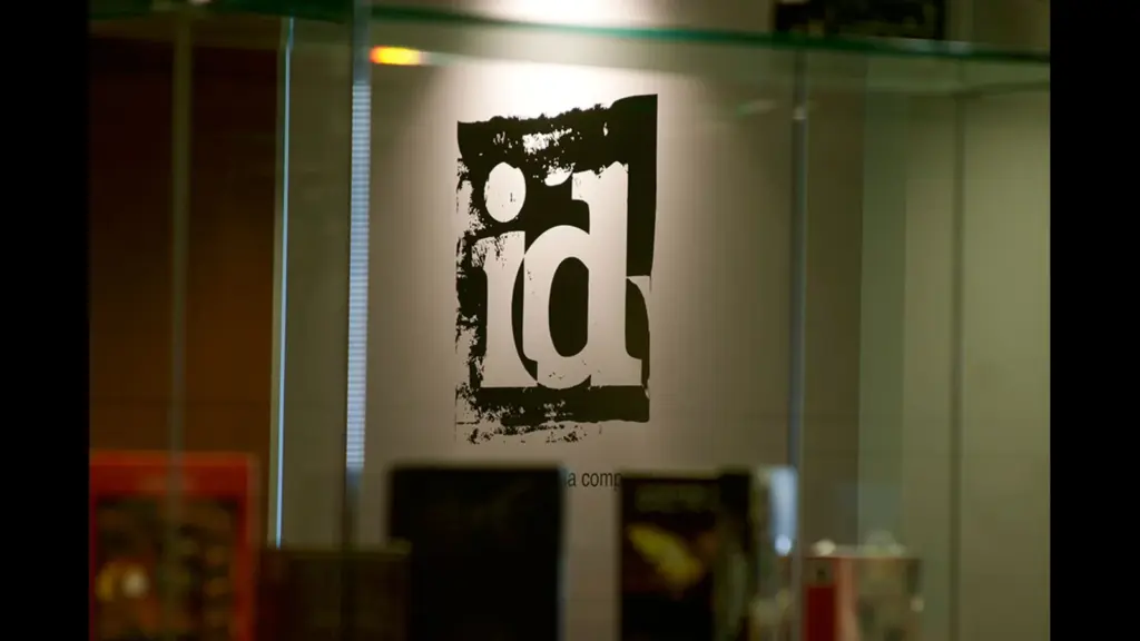 the id Software logo on a wall.