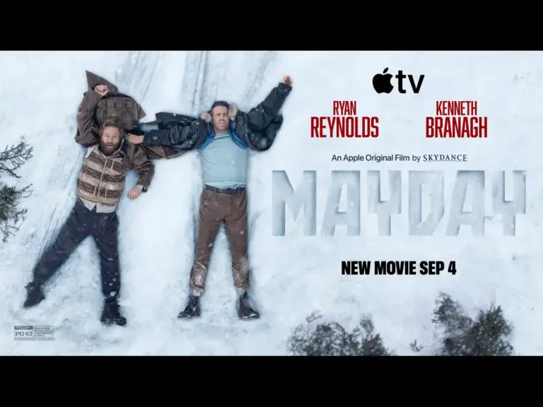 Two men lying in the snow, one in a vest and the other wearing a jacket, with the text "MAYDAY" and "NEW MOVIE SEP 4" along with logos for Apple TV and Skydance.