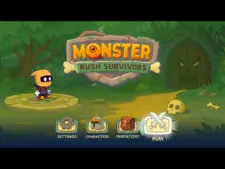 Screenshot from Monster Rush Surviviors, displaying the main title, a Ninja with an Orange Mask, a Play button with crossed swords, and Inventory button with a Backpack, a Characters button with a Helmet, and a Settings button with a Cog.