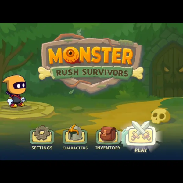 Screenshot from Monster Rush Surviviors, displaying the main title, a Ninja with an Orange Mask, a Play button with crossed swords, and Inventory button with a Backpack, a Characters button with a Helmet, and a Settings button with a Cog.