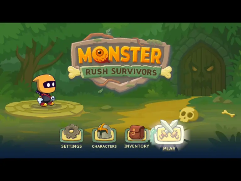 Screenshot from Monster Rush Surviviors, displaying the main title, a Ninja with an Orange Mask, a Play button with crossed swords, and Inventory button with a Backpack, a Characters button with a Helmet, and a Settings button with a Cog.