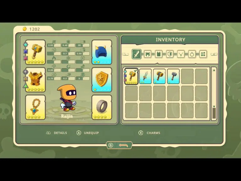 Screenshot of Monster Rush Survivors, displaying a Ninja with an Orange mask named Raijin, and the inventory screen for the game.