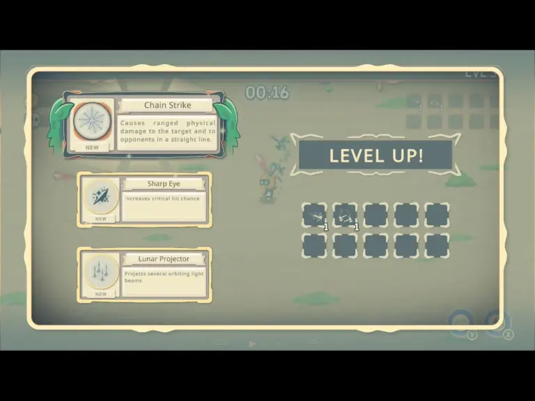 A Level Up screen from the game Monster Rush Survivors, displaying the Chain Strike, Sharp Eye, and Lunar Projector power ups.