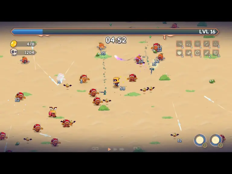 Screenshot of Monster Rush Survivors, mid gameplay, with a Ninja with an Orange Mask, and several cartoonish monsters