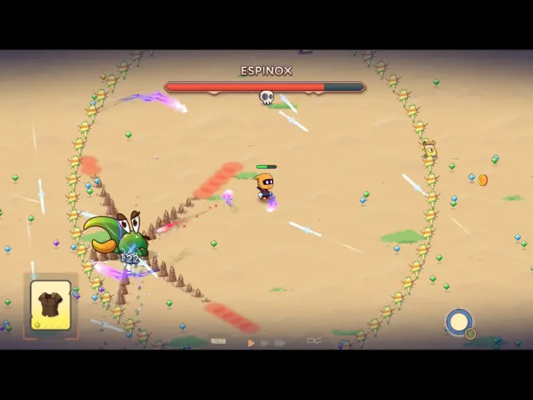 A Screenshot of Monster Rush Survivors, displaying a Ninja in an Orange Mask fighting a boss named Espinox who is a Large Green Crab.
