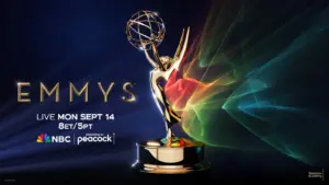 78th Emmy Awards graphic featuring an Emmy Award statue with a colorful swirling background, announcing the live event on Monday, September 14 at 8 ET/5 PT, broadcast on NBC and streaming on Peacock.