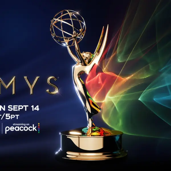 78th Emmy Awards graphic featuring an Emmy Award statue with a colorful swirling background, announcing the live event on Monday, September 14 at 8 ET/5 PT, broadcast on NBC and streaming on Peacock.