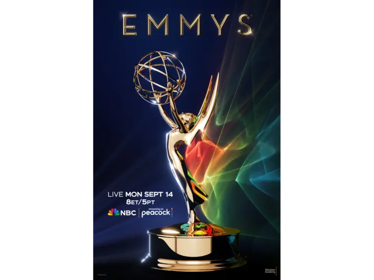 Emmys poster featuring the Emmy statue, with details about the event date and broadcast channels.
