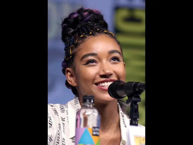Amandla Stenberg speaking at the 2018 San Diego Comic-Con International in San Diego, California.