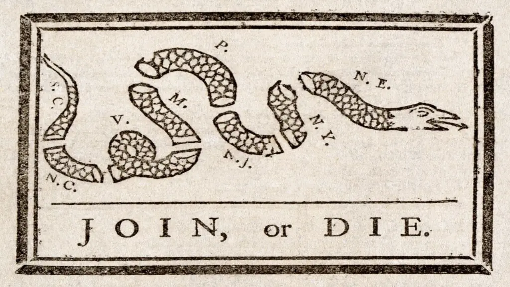 This political cartoon (attributed to James Turner (silversmith) for Benjamin Franklin) originally appeared during the French and Indian War, but was recycled to encourage the American colonies to join the Albany Plan for Union. From The Pennsylvania gazette, 9 May 1754. Abbreviations used: Georgia, South Carolina, North Carolina, Virginia, Maryland, Pennsylvania, New Jersey, New York, and New England.