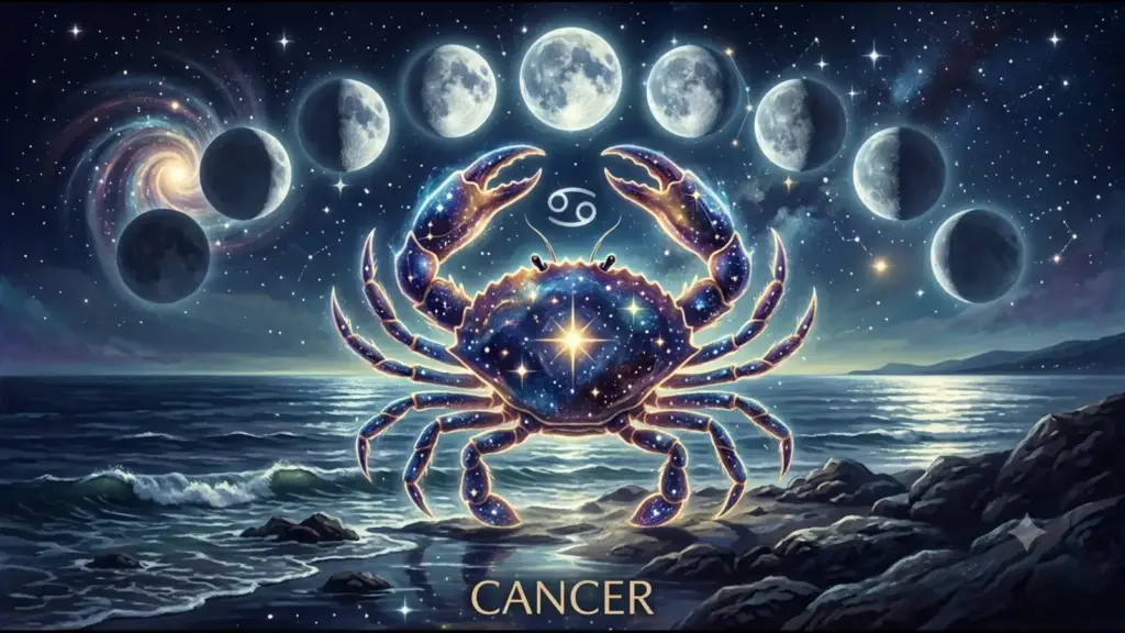 Cancer sun sign with the phases of the moon arcing over it