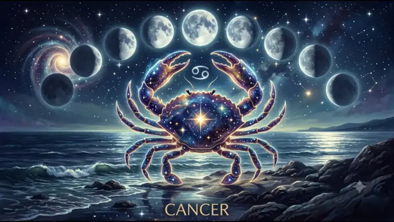 Cancer sun sign with the phases of the moon arcing over it