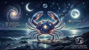 Cancer Season 2026 themed image showing the crab, symbol, Mercury retrograde, and the new moon