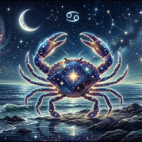 Cancer Season 2026 themed image showing the crab, symbol, Mercury retrograde, and the new moon